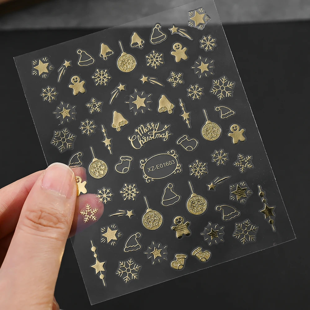 1Pcs 3D Gold Santa Claus Christmas Tree Nail Sticker Bronzing Shiny Snowflake Elk Bowknot Star Elegant Winter Xmas Nail Decals&%