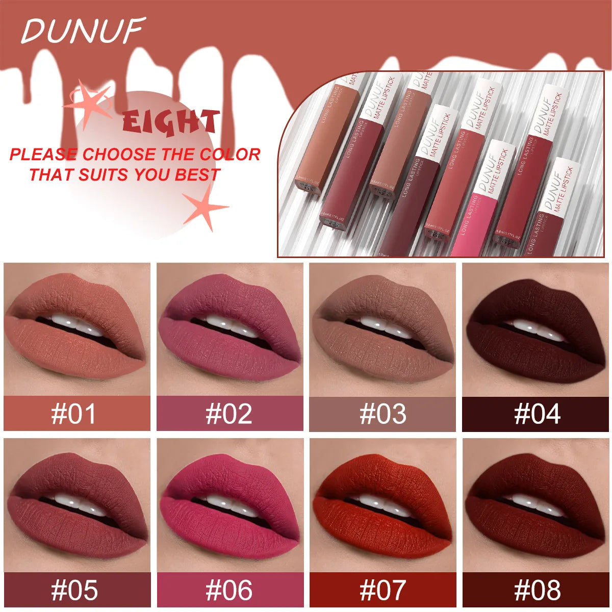 8PCS Long Lasting Matte Lipstick Set Waterproof Non Sticky Lip Glaze Never Fade Non Transfer Lipgloss