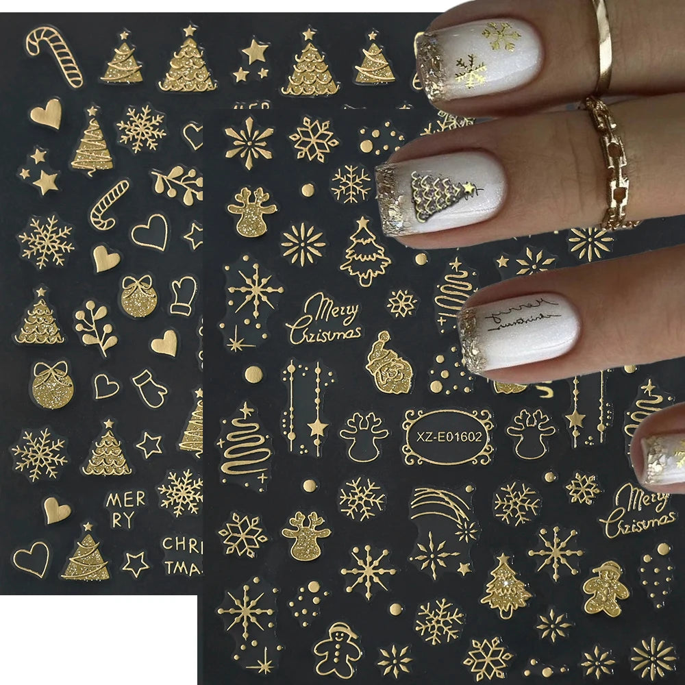 2pcs Luxury Gold Christmas 3D Nail Sticker Glitter Snowflakes Xmas Tree Gingerbread Nail Decals Adhesive Winter Xmas Nail Slider