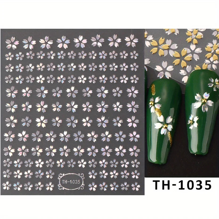 3DLaser Sakura Nail Stickers Holographic Laser Snake Pattern Slider Sakura Water Transfer Nail Decoration Set