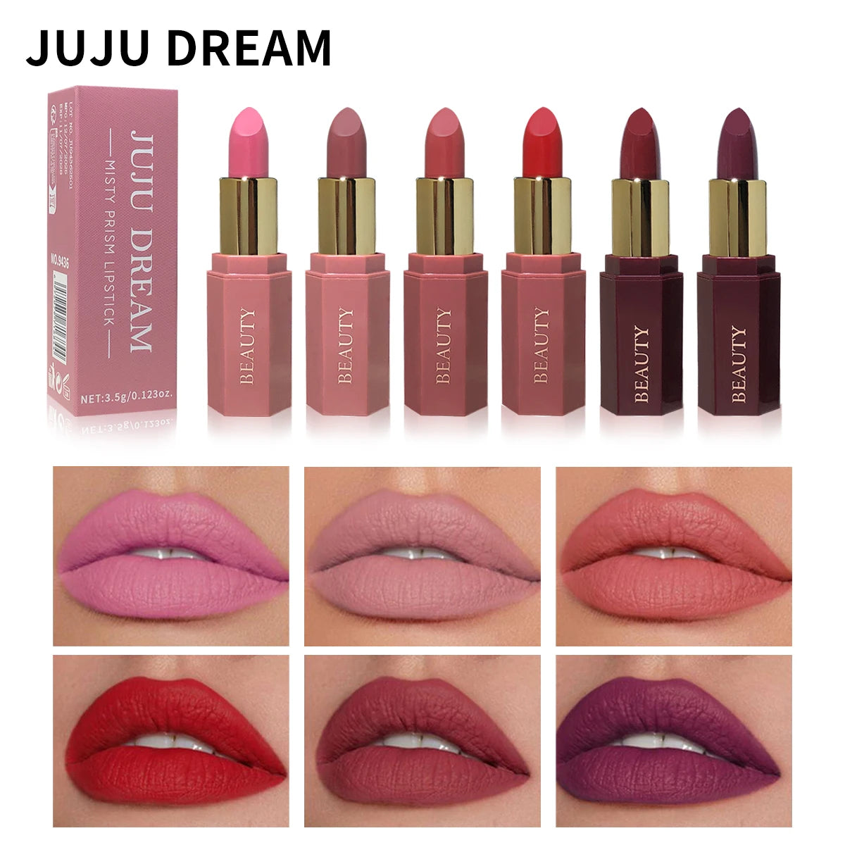 JUJU DREAM Six-color matte lipstick, non-fading non-stick cup, long-lasting velvet luster, matte lipstick waterproof lipstick
