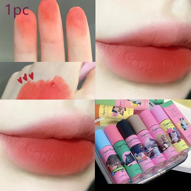 1PC/3PC Lovely Cat Collage Lipgloss Long Lasting Matte Lipstick Lip Makeup Tint Nude Red Lipgloss Waterproof Lipstick Cosmetics
