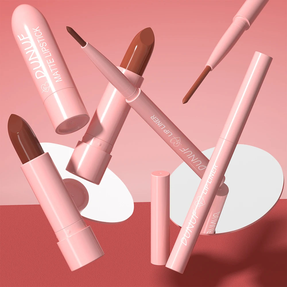 Red Brown Matte Lipstick Lip Liner Set Waterproof Long Lasting Hydrating Non Sticky Contour Lip Makeup