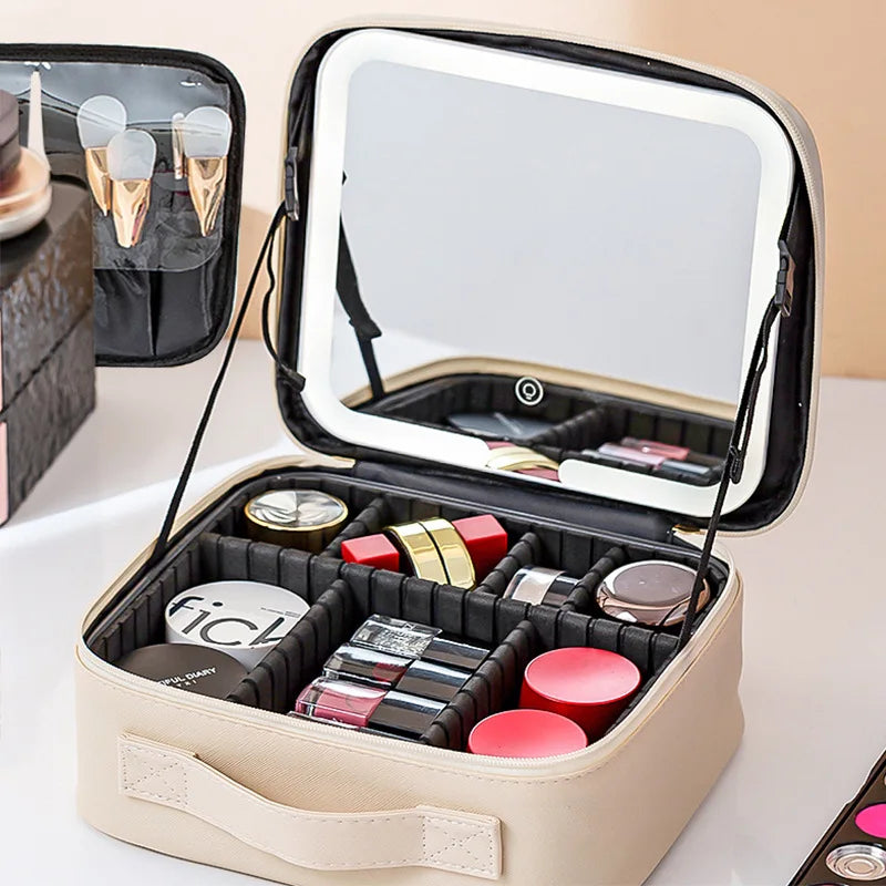 Premium LED Travel Cosmetic Bag with Mirror Women's Portable Large Capacity Makeup Brush Case Portable Partition Beauty Bag