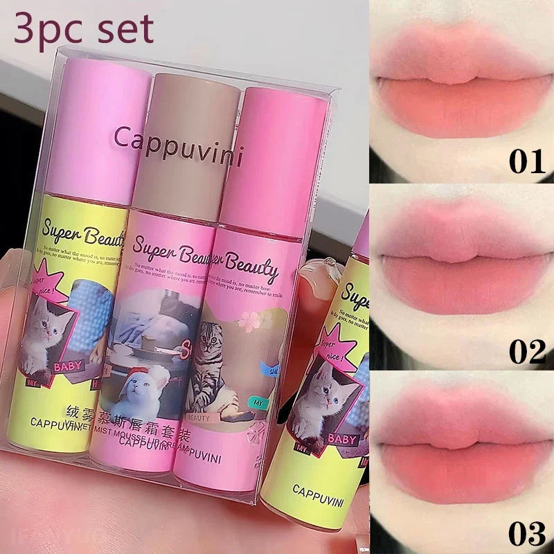 1PC/3PC Lovely Cat Collage Lipgloss Long Lasting Matte Lipstick Lip Makeup Tint Nude Red Lipgloss Waterproof Lipstick Cosmetics