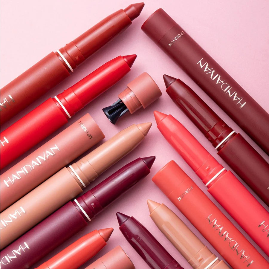 12 Pcs/Set Lipstick Fadeless Non Staining Cup Matte Lipstick Waterproof Pen Lip Rotatable Lipliner With Pencil Sharpener