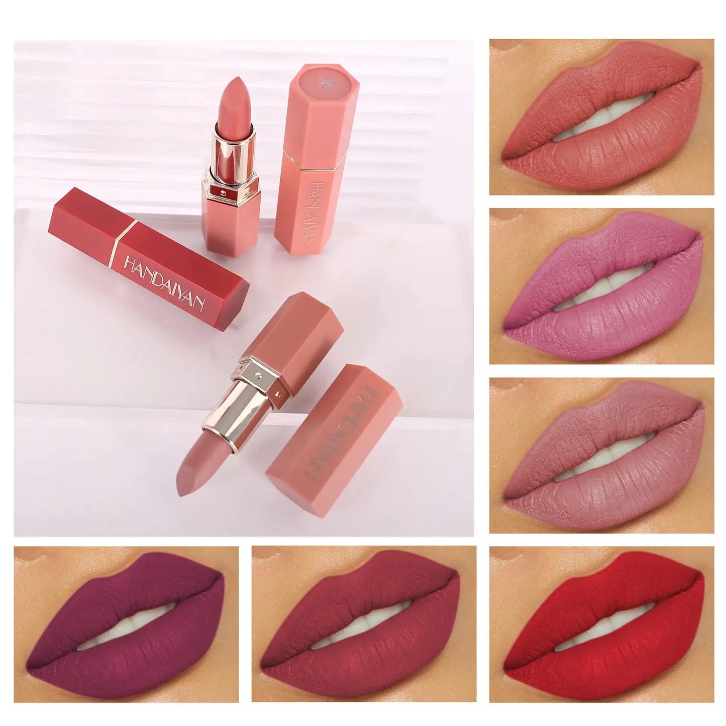 Moisturizing Matte Lipstick 6 Shades Long Lasting Non Transfer Nude Lip Gloss HANDAIYAN Cosmetics For Ladies