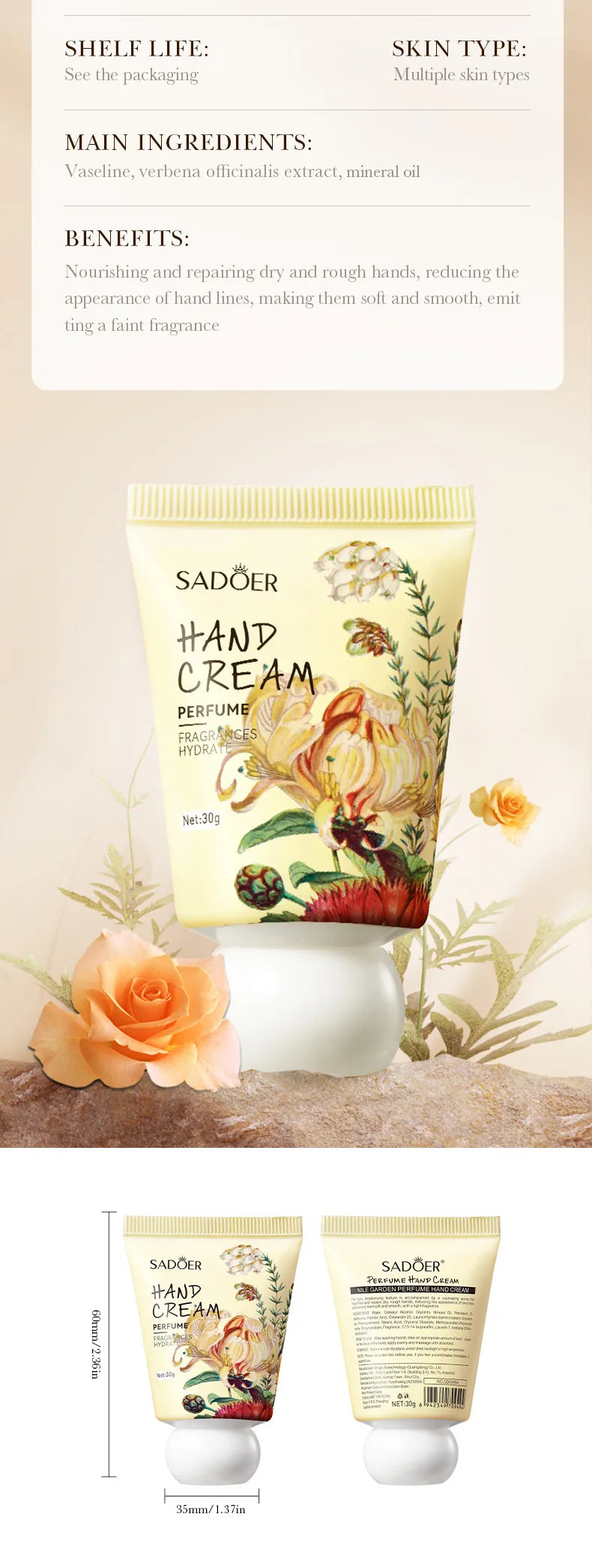 30g Garden perfume Hand Cream Plant Extract Moisturizing Flowers Nutrients Dry Crakced Repair Soft Whitening Oil Control Rose