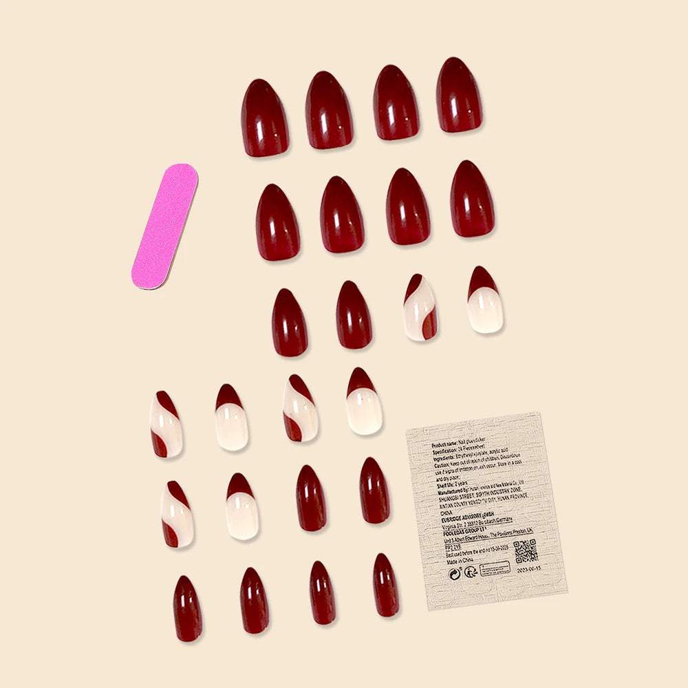 24Pcs/Set Women Girls Trendy Medium Almond French Wine Red Geometric Stripes Full Coverage Wearable Fake Nail Press on Nail Art