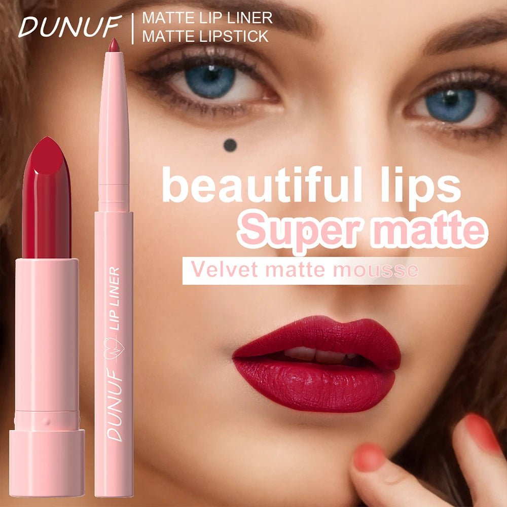 Red Brown Matte Lipstick Lip Liner Set Waterproof Long Lasting Hydrating Non Sticky Contour Lip Makeup