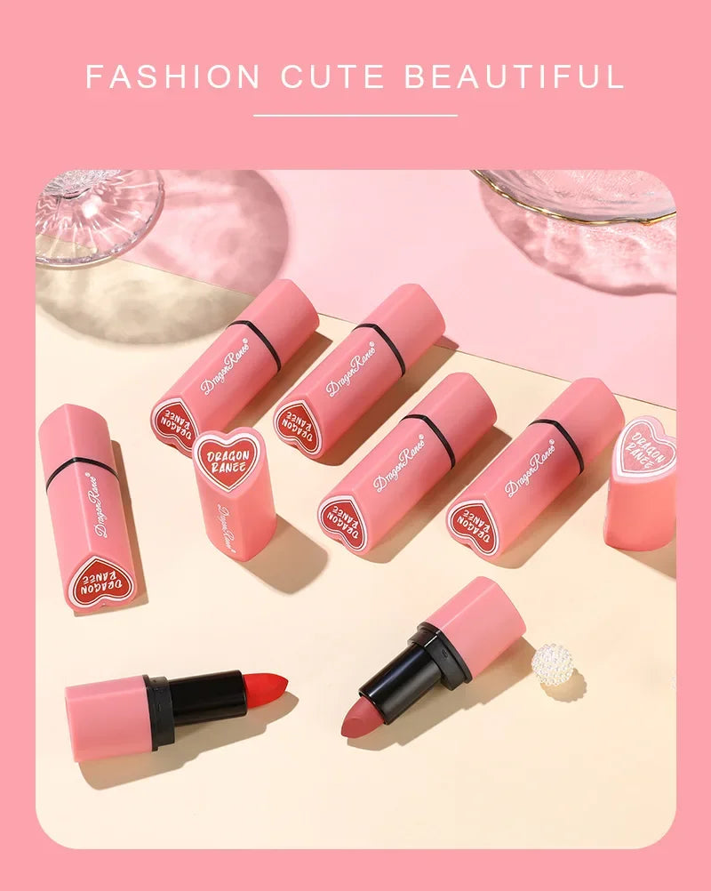 Cute Love Heart Lipstick Velvet Matte Nude Lipstick Pink Red Waterproof Lasting Lipsticks Stain Lip Balm Set Lip Tint Makeup