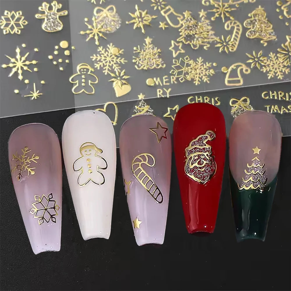 2pcs Luxury Gold Christmas 3D Nail Sticker Glitter Snowflakes Xmas Tree Gingerbread Nail Decals Adhesive Winter Xmas Nail Slider