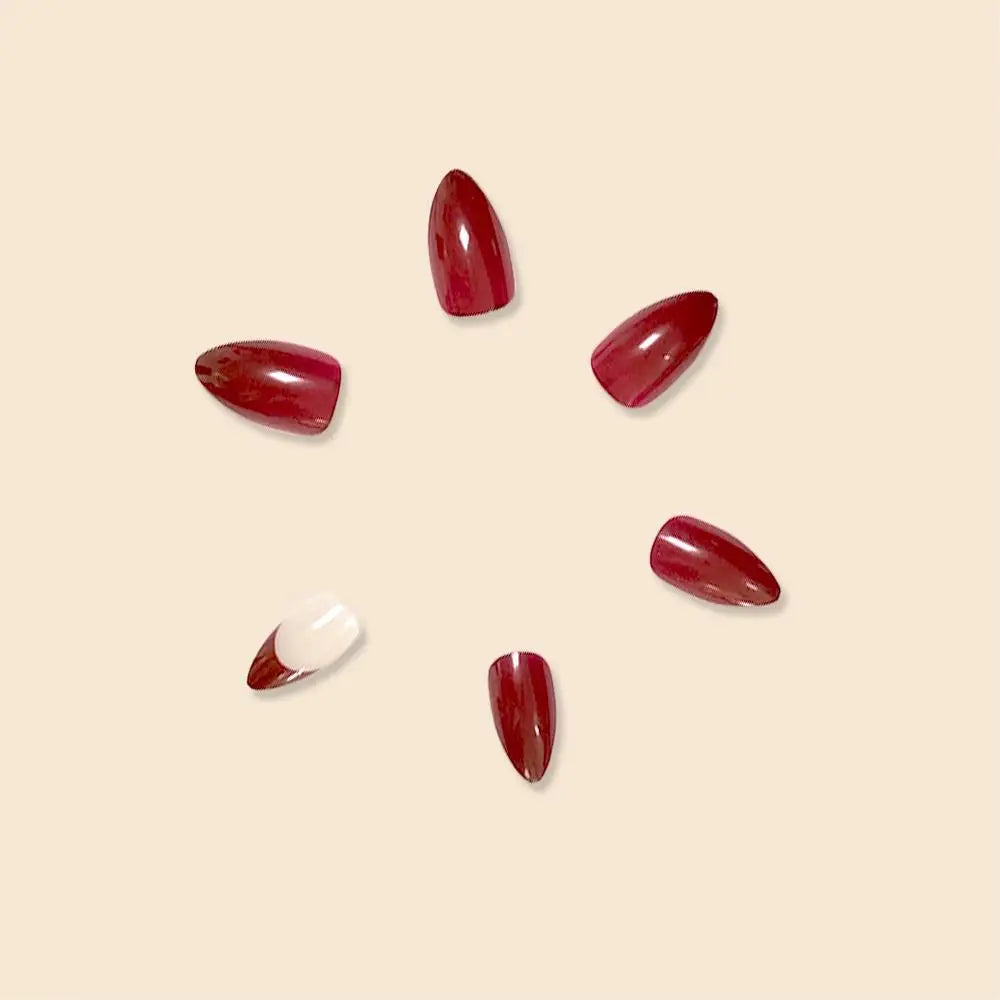 24Pcs/Set Women Girls Trendy Medium Almond French Wine Red Geometric Stripes Full Coverage Wearable Fake Nail Press on Nail Art