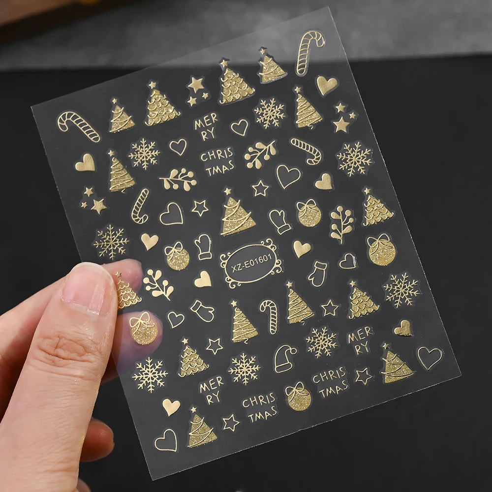 2pcs Luxury Gold Christmas 3D Nail Sticker Glitter Snowflakes Xmas Tree Gingerbread Nail Decals Adhesive Winter Xmas Nail Slider