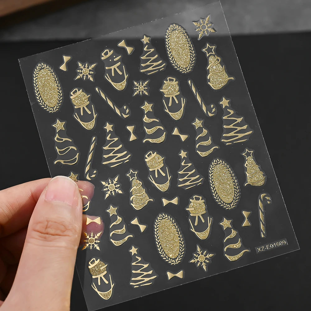 1Pcs 3D Gold Santa Claus Christmas Tree Nail Sticker Bronzing Shiny Snowflake Elk Bowknot Star Elegant Winter Xmas Nail Decals&%