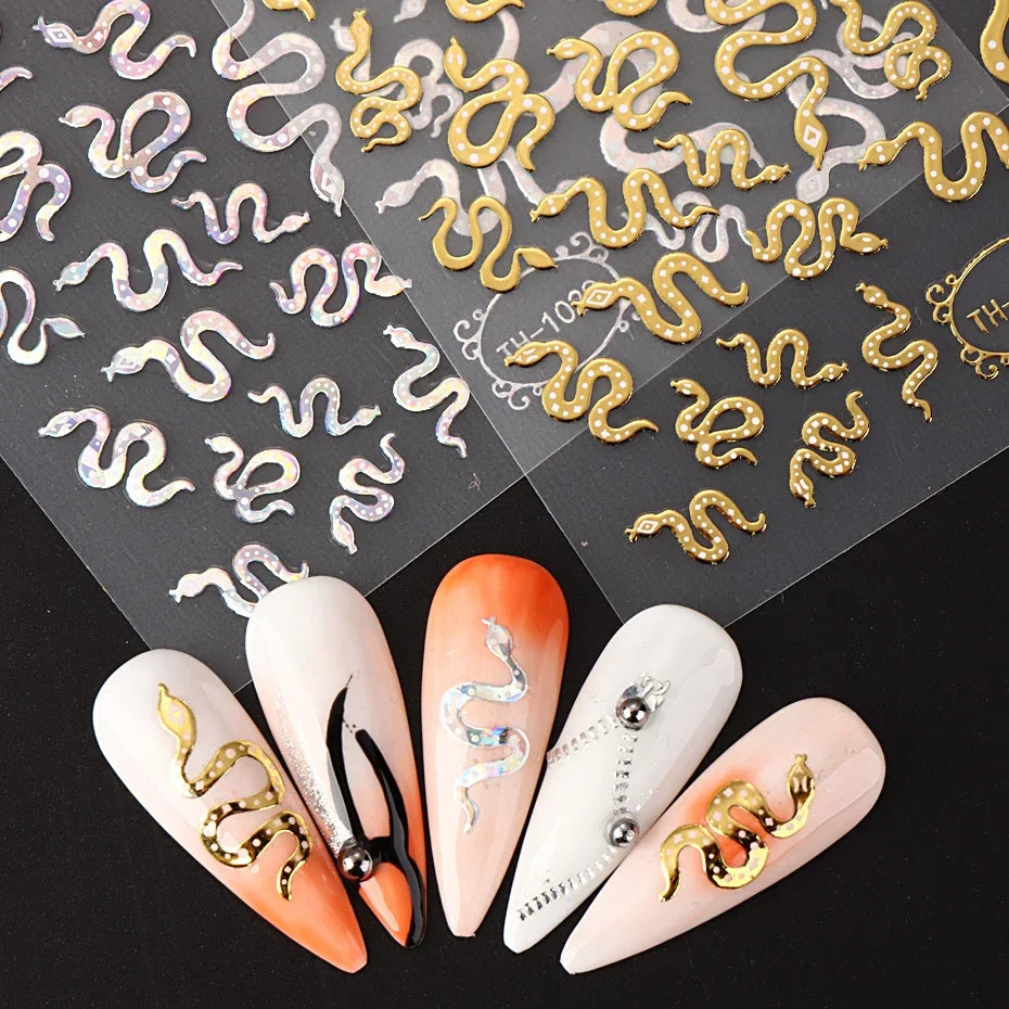 3DLaser Sakura Nail Stickers Holographic Laser Snake Pattern Slider Sakura Water Transfer Nail Decoration Set