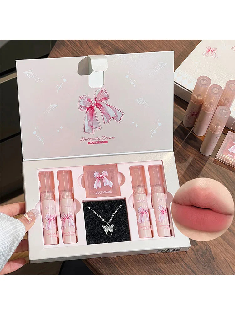 6Pcs/Box Matte Lipstick Set Lips Makeup Velvet Nude Lip Gloss Moisturizing Lip Glaze Face Blush Palette Makeup Set Necklace Gift