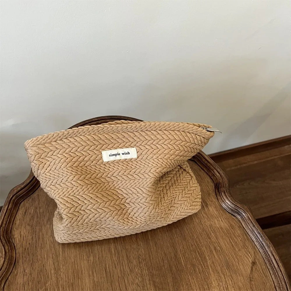 Handbag Woven Fabric Makeup Bag for Women Large Capacity Solid Color Cosmetic Pouch Small Organizer Zipper Beauty Case Travel
