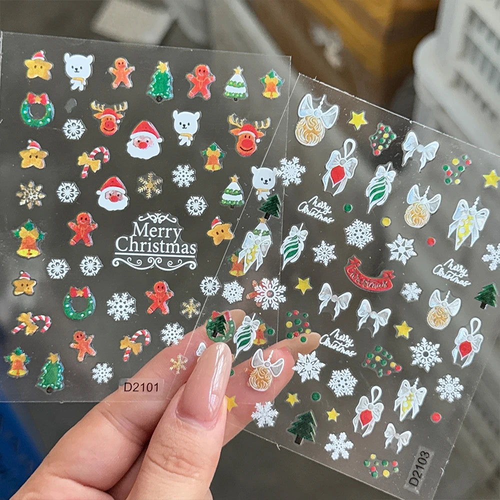 2pcs Luxury Gold Christmas 3D Nail Sticker Glitter Snowflakes Xmas Tree Gingerbread Nail Decals Adhesive Winter Xmas Nail Slider