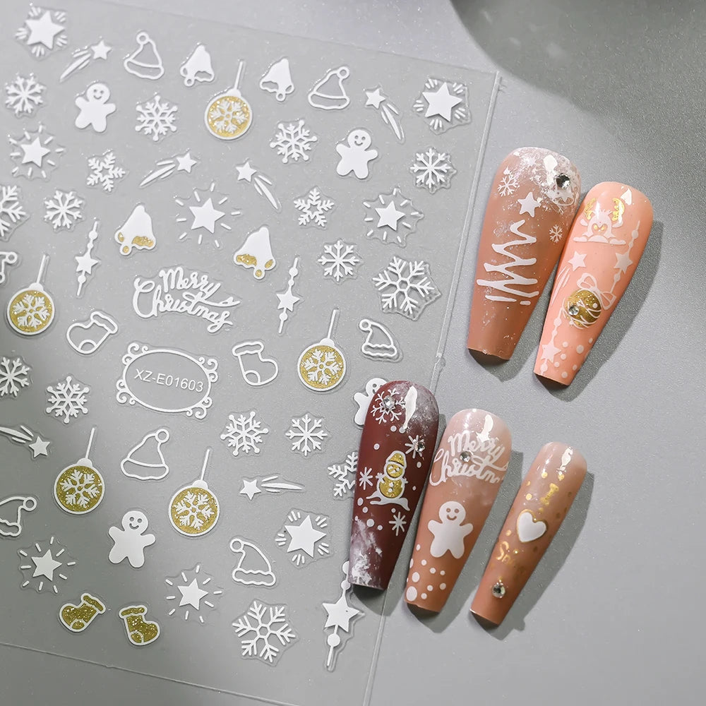 12pcs Christmas Golden Glitter Nail Stickers - Sparkling White Snowflakes, Christmas Trees Winter Nail Decoratio Manicure Decals
