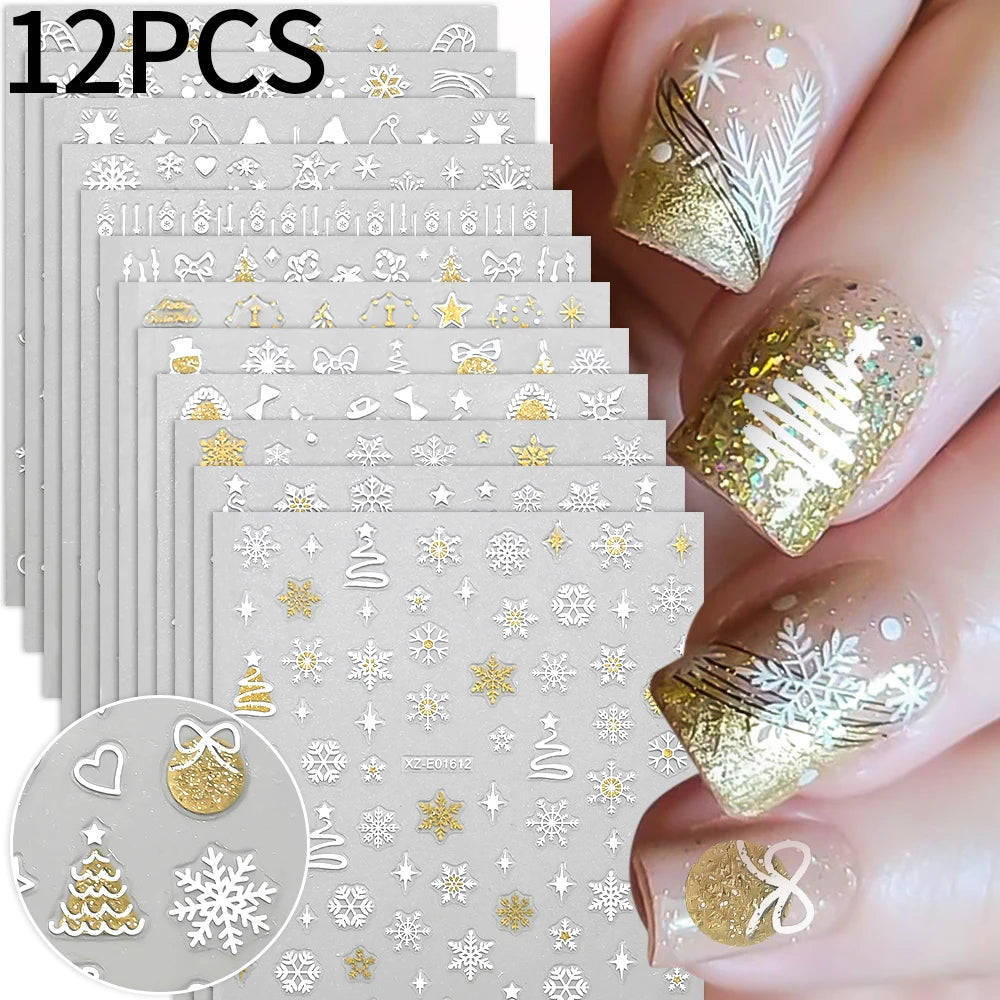 12pcs Christmas Golden Glitter Nail Stickers - Sparkling White Snowflakes, Christmas Trees Winter Nail Decoratio Manicure Decals