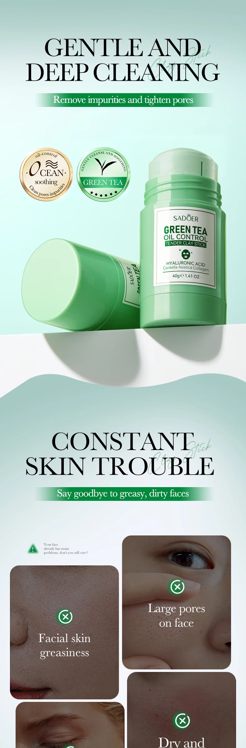 SADOER Green Tea Rose Face Masks Stick Clay Mask Shrink Pores Deep Blackhead Remover Facial Cleansing Moisturizing Facial Masks