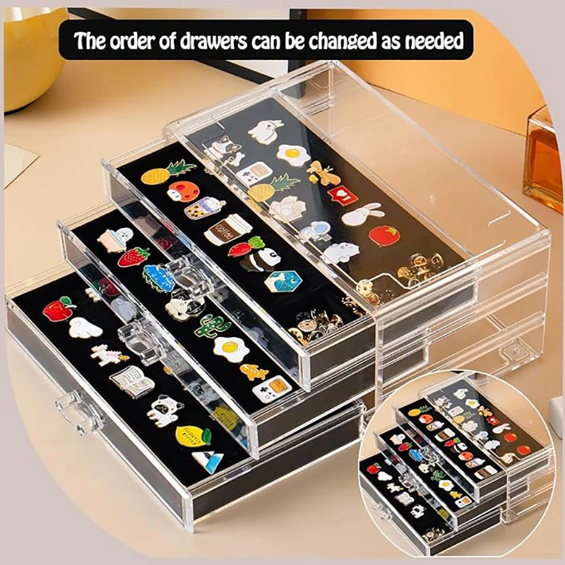 Pin Display Box, 3 Drawers Enamel Pin Display Box Dustproof Pin Collection Display Clip Pin Storage Rack