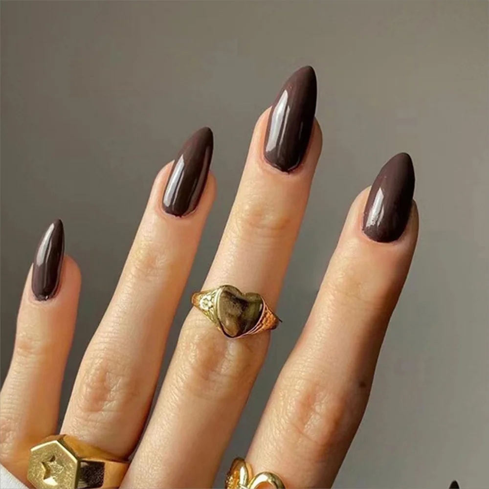 24Pcs/Set Women Girls Trendy Medium Almond French Wine Red Geometric Stripes Full Coverage Wearable Fake Nail Press on Nail Art