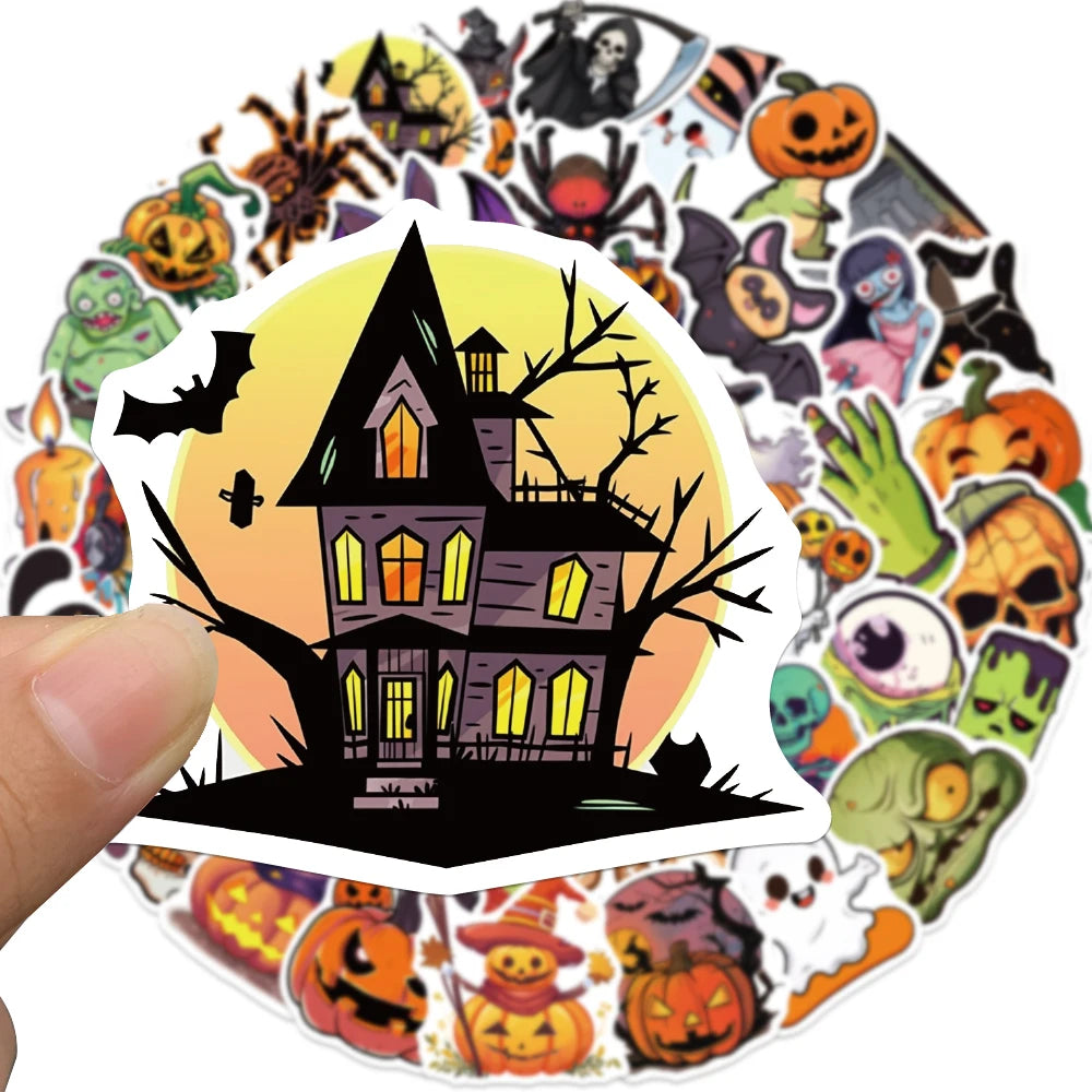 50PCS Cute Halloween Stickers Cartoon Ghost Pumpkin Castle Black Cat Pumpkin Skull Bat Creative Personality Celebration Festival