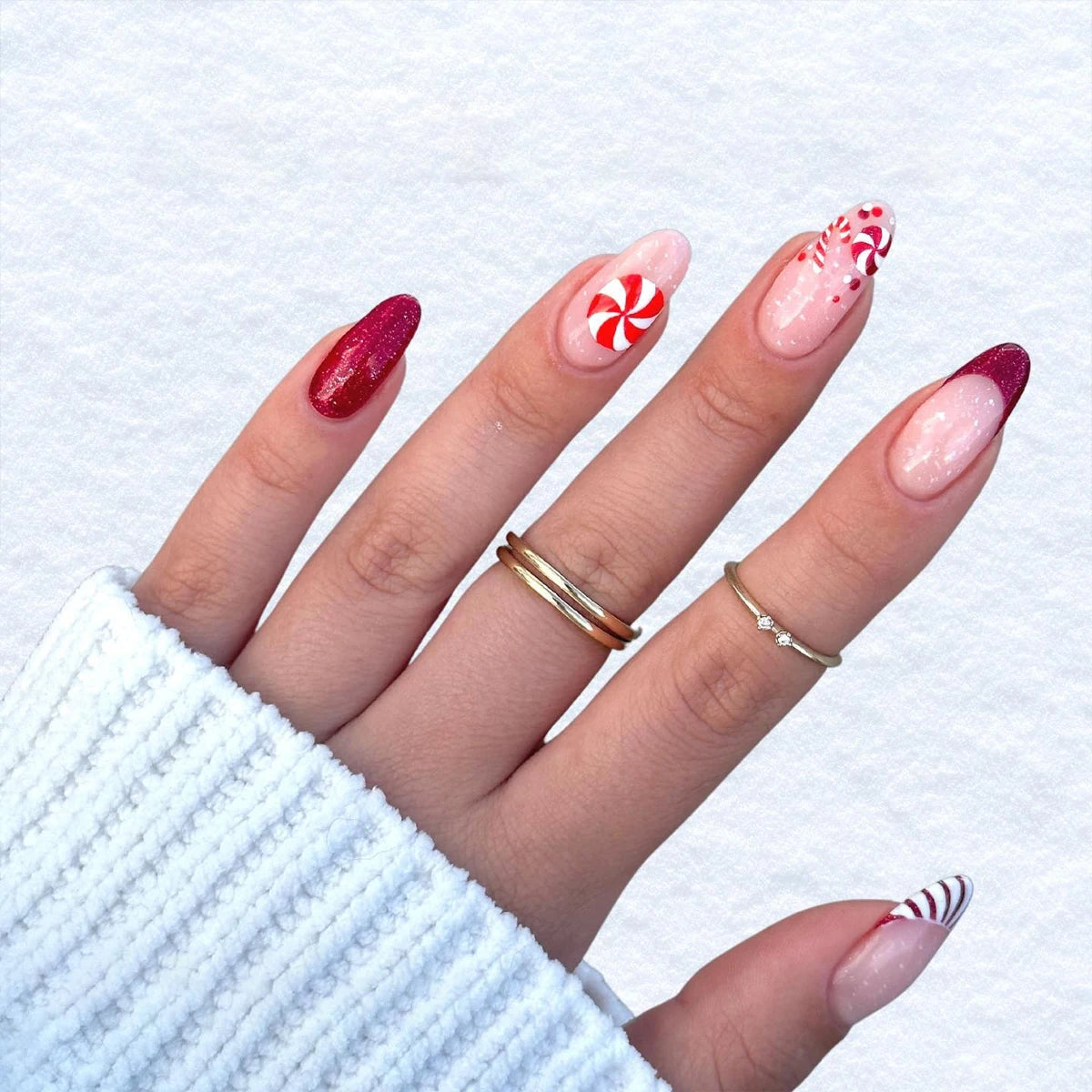 24Pcs/Set Women Girls Trendy Medium Almond French Wine Red Geometric Stripes Full Coverage Wearable Fake Nail Press on Nail Art