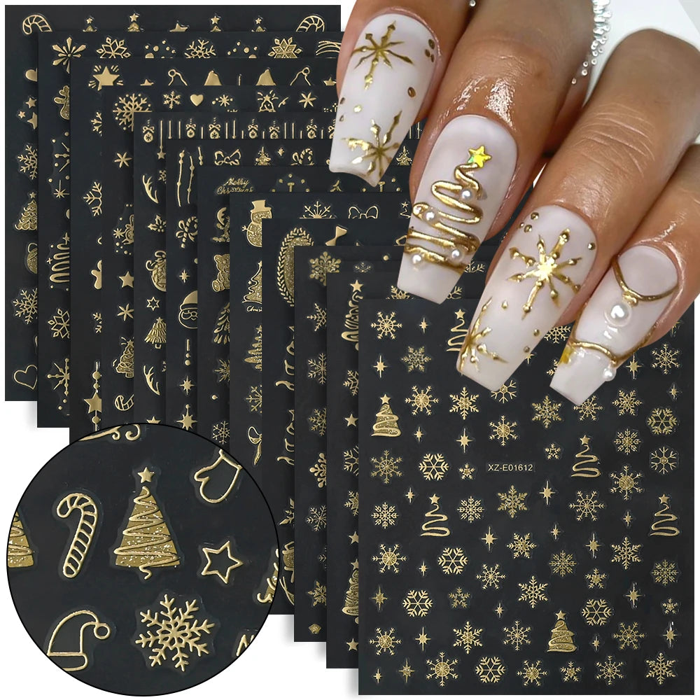 12pcs Christmas Golden Glitter Nail Stickers - Sparkling White Snowflakes, Christmas Trees Winter Nail Decoratio Manicure Decals
