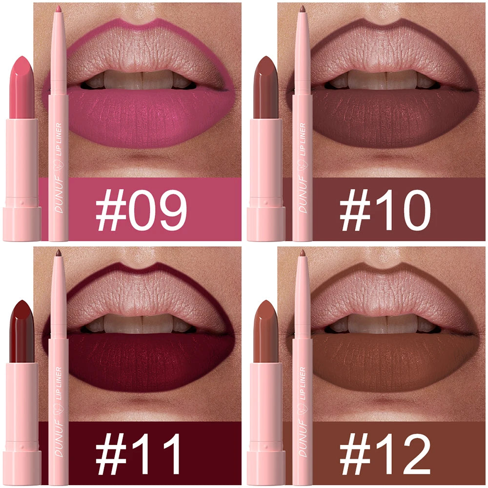 Red Brown Matte Lipstick Lip Liner Set Waterproof Long Lasting Hydrating Non Sticky Contour Lip Makeup