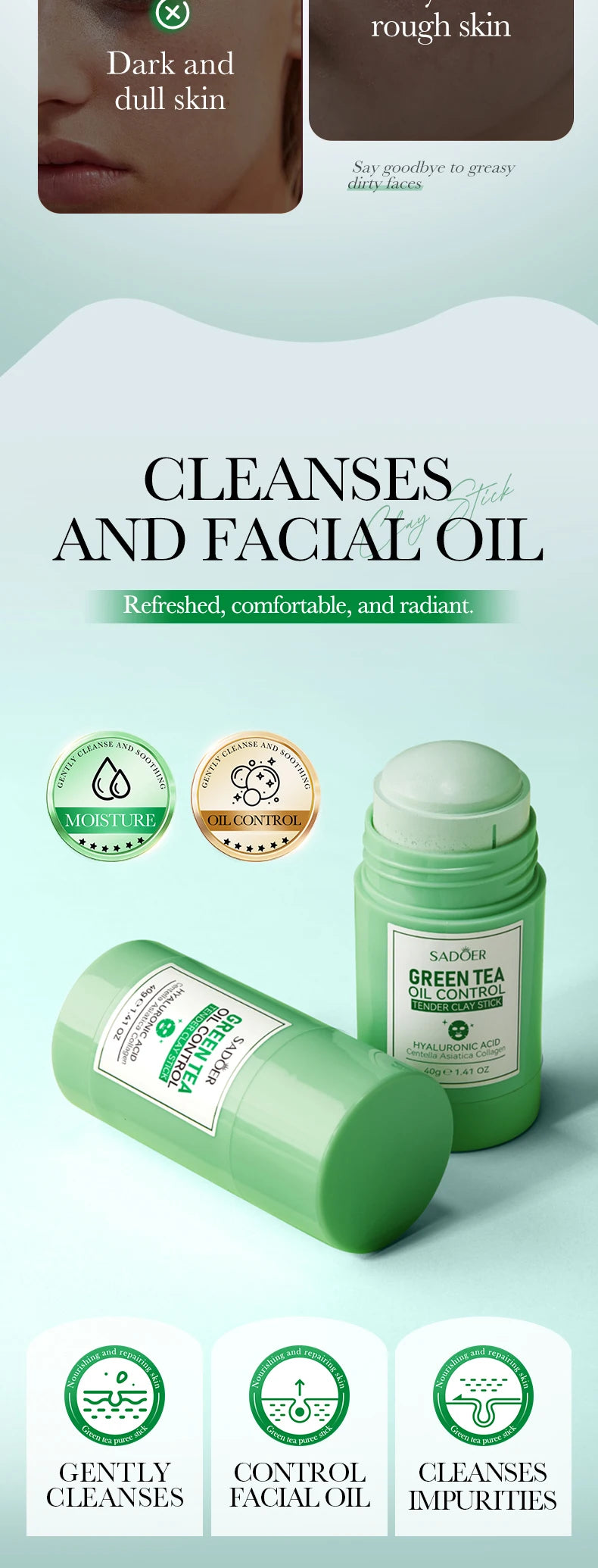 SADOER Green Tea Rose Face Masks Stick Clay Mask Shrink Pores Deep Blackhead Remover Facial Cleansing Moisturizing Facial Masks