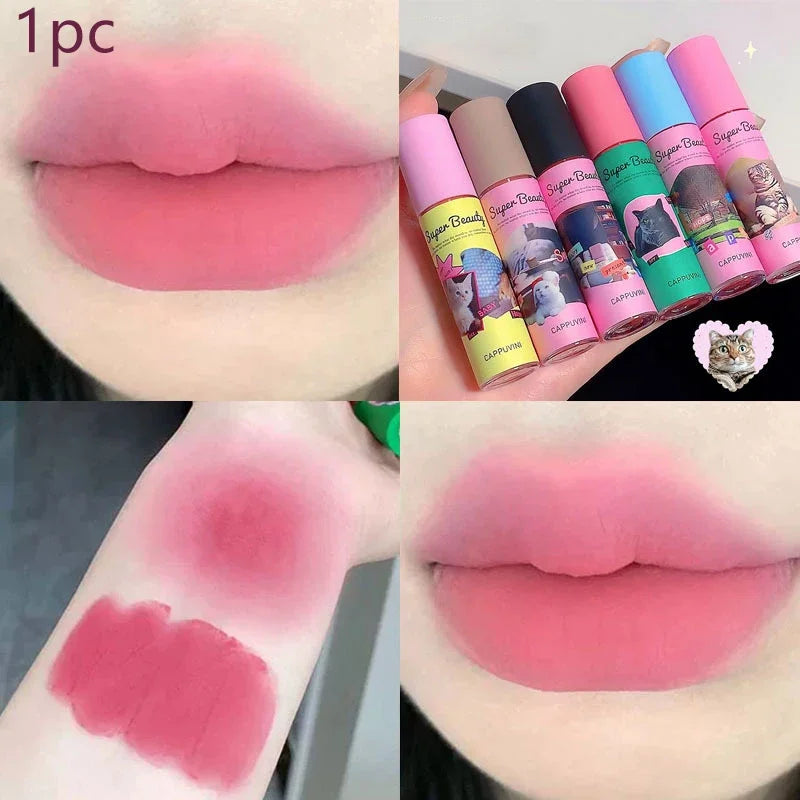 1PC/3PC Lovely Cat Collage Lipgloss Long Lasting Matte Lipstick Lip Makeup Tint Nude Red Lipgloss Waterproof Lipstick Cosmetics