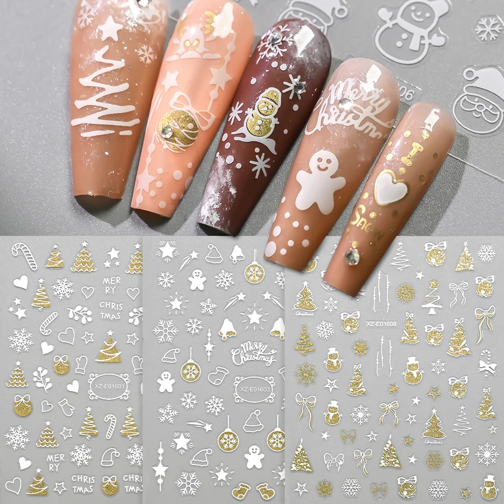 12pcs Christmas Golden Glitter Nail Stickers - Sparkling White Snowflakes, Christmas Trees Winter Nail Decoratio Manicure Decals