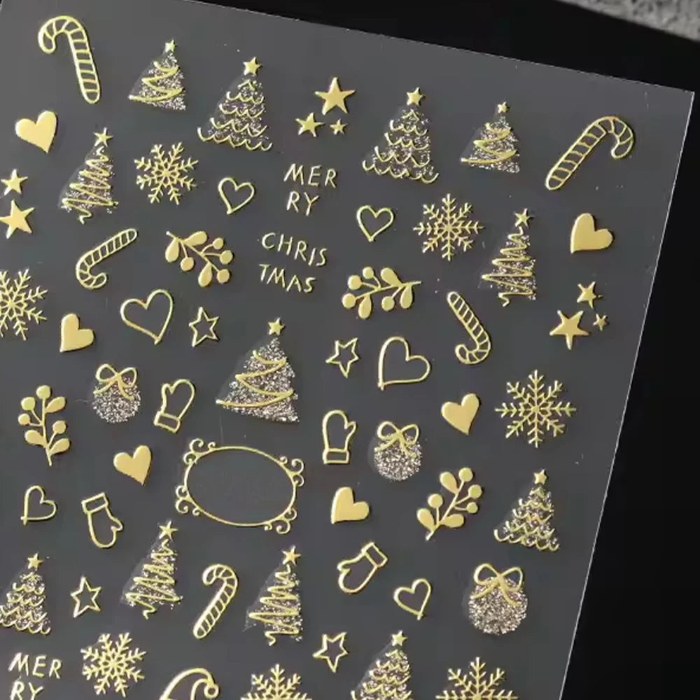 2pcs Luxury Gold Christmas 3D Nail Sticker Glitter Snowflakes Xmas Tree Gingerbread Nail Decals Adhesive Winter Xmas Nail Slider