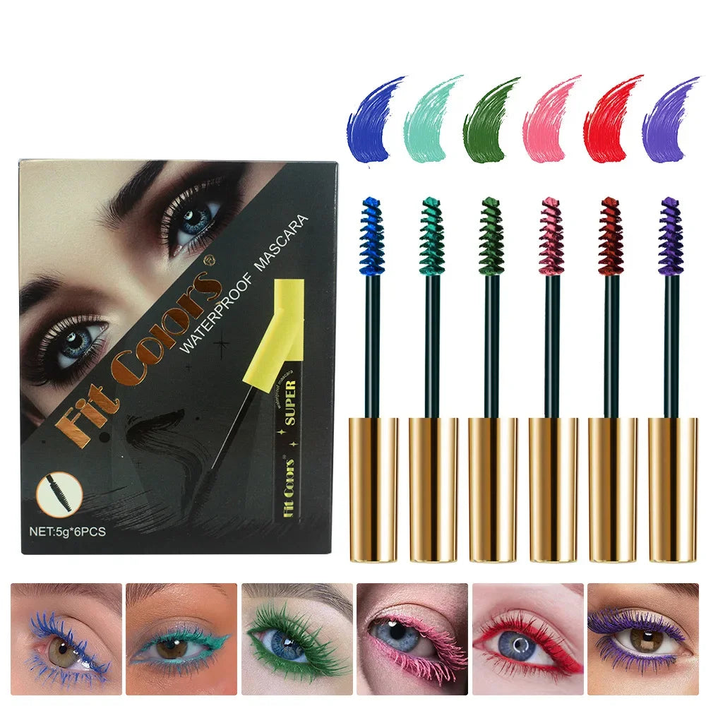 6 Color/Set Colored Mascara Cream Blue Green Lasting Waterproof Mascara Curling Eyelashes Thick Curl 3D Non-smudding Mascara