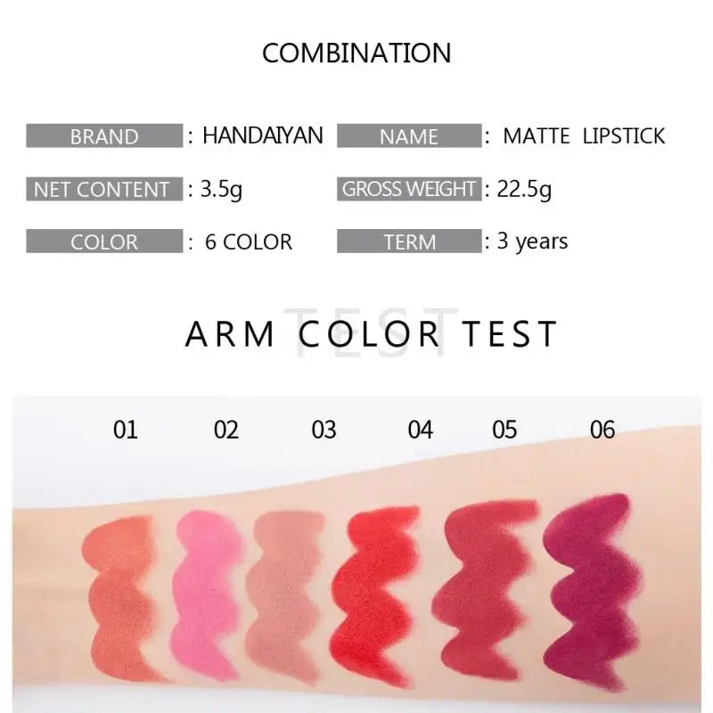 Moisturizing Matte Lipstick 6 Shades Long Lasting Non Transfer Nude Lip Gloss HANDAIYAN Cosmetics For Ladies