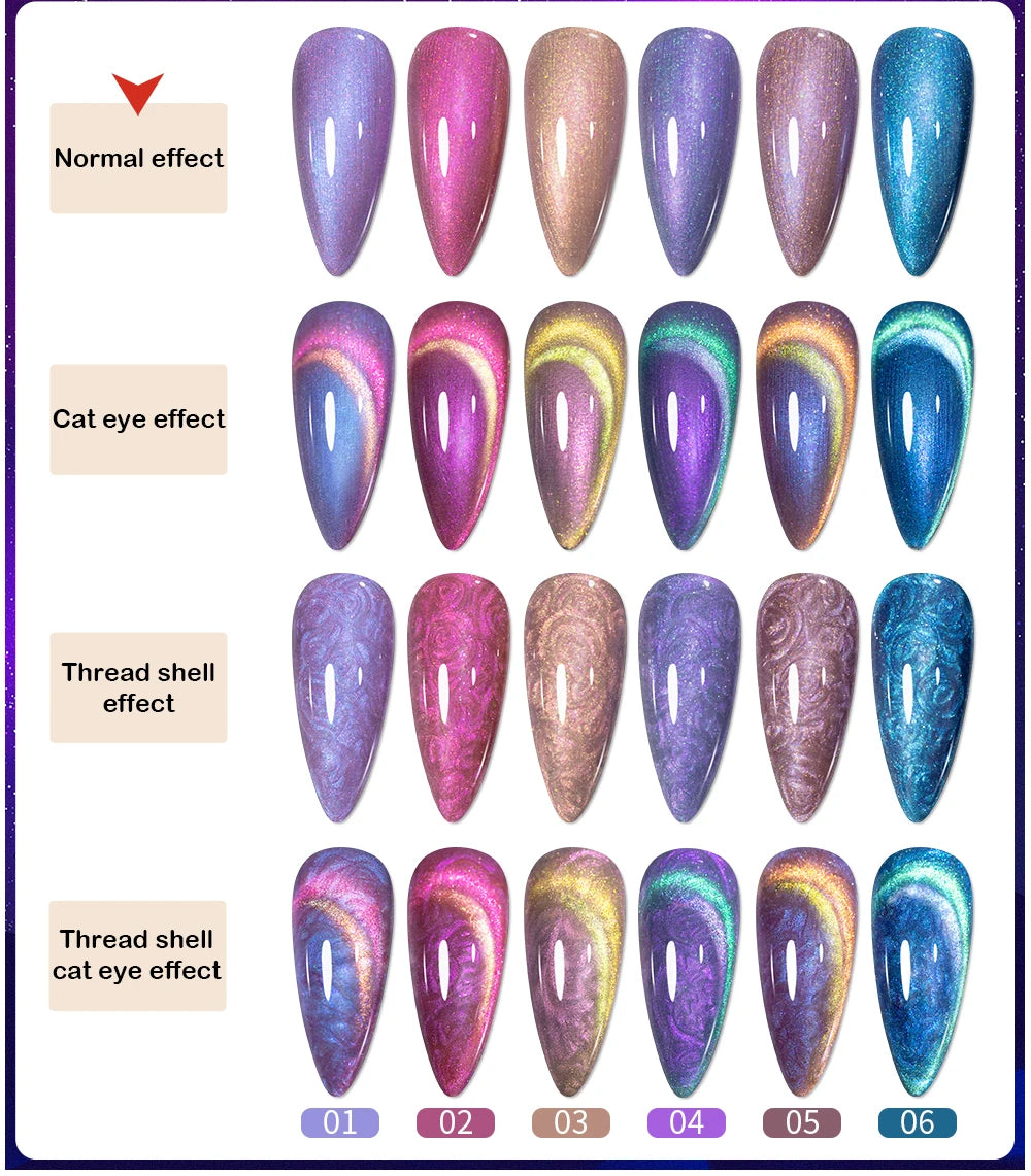 PUENTE 6pcs/set Aurora Shell Thread Cat Magnetic Gel Nail Polish 9D Aurora Glitter Pearl Cat Eye Soak Off UV Nail Art Varnish