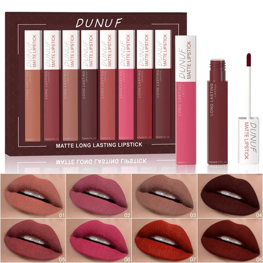 8PCS Long Lasting Matte Lipstick Set Waterproof Non Sticky Lip Glaze Never Fade Non Transfer Lipgloss