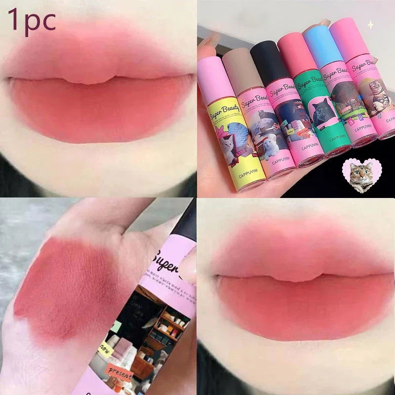 1PC/3PC Lovely Cat Collage Lipgloss Long Lasting Matte Lipstick Lip Makeup Tint Nude Red Lipgloss Waterproof Lipstick Cosmetics