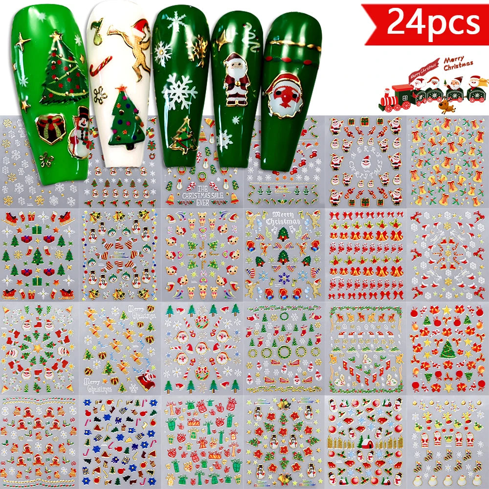 12pcs Christmas Golden Glitter Nail Stickers - Sparkling White Snowflakes, Christmas Trees Winter Nail Decoratio Manicure Decals
