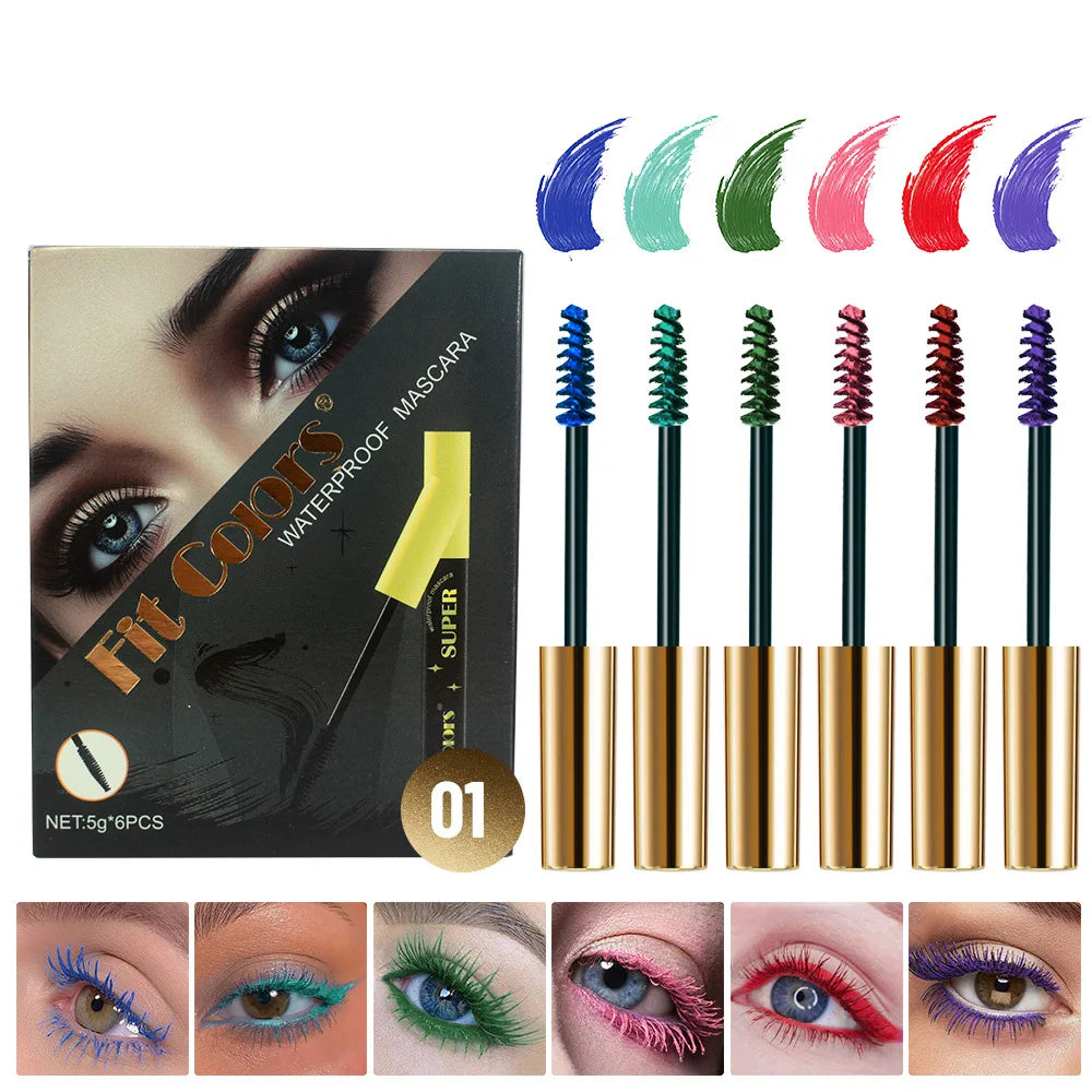 6 Color/Set Colored Mascara Cream Blue Green Lasting Waterproof Mascara Curling Eyelashes Thick Curl 3D Non-smudding Mascara
