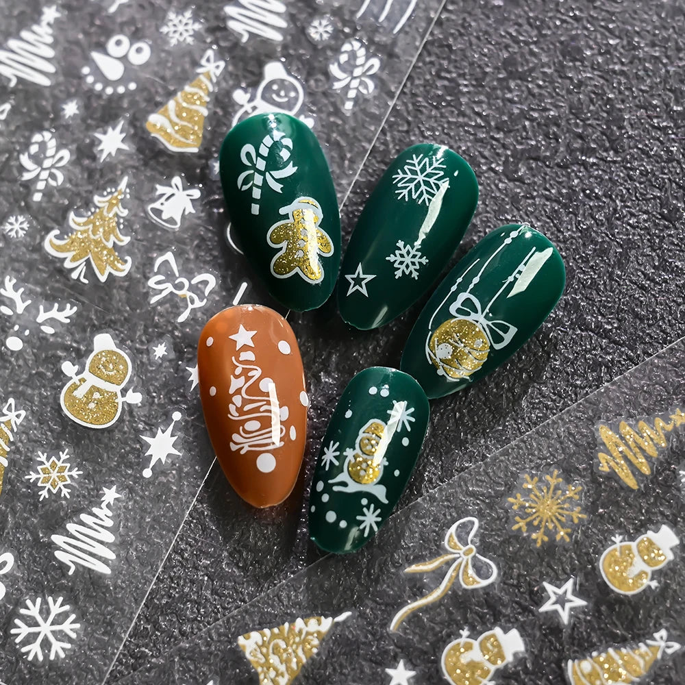 12pcs Christmas Golden Glitter Nail Stickers - Sparkling White Snowflakes, Christmas Trees Winter Nail Decoratio Manicure Decals
