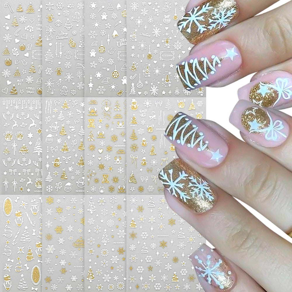 12pcs Christmas Golden Glitter Nail Stickers - Sparkling White Snowflakes, Christmas Trees Winter Nail Decoratio Manicure Decals