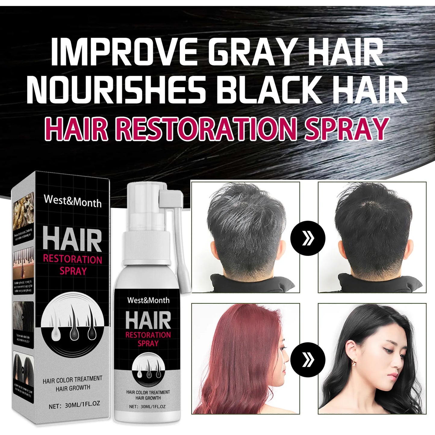 Gray White Hair Treatment Serum Spray Cover White Hair To Black Natural Color Repair Anti Loss Hair Restore Healthy Hair Care