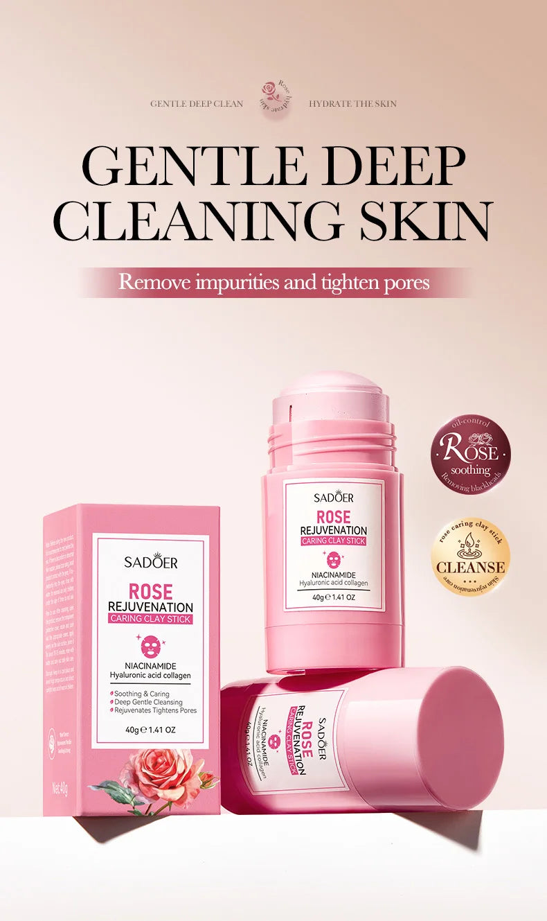 SADOER Green Tea Rose Face Masks Stick Clay Mask Shrink Pores Deep Blackhead Remover Facial Cleansing Moisturizing Facial Masks