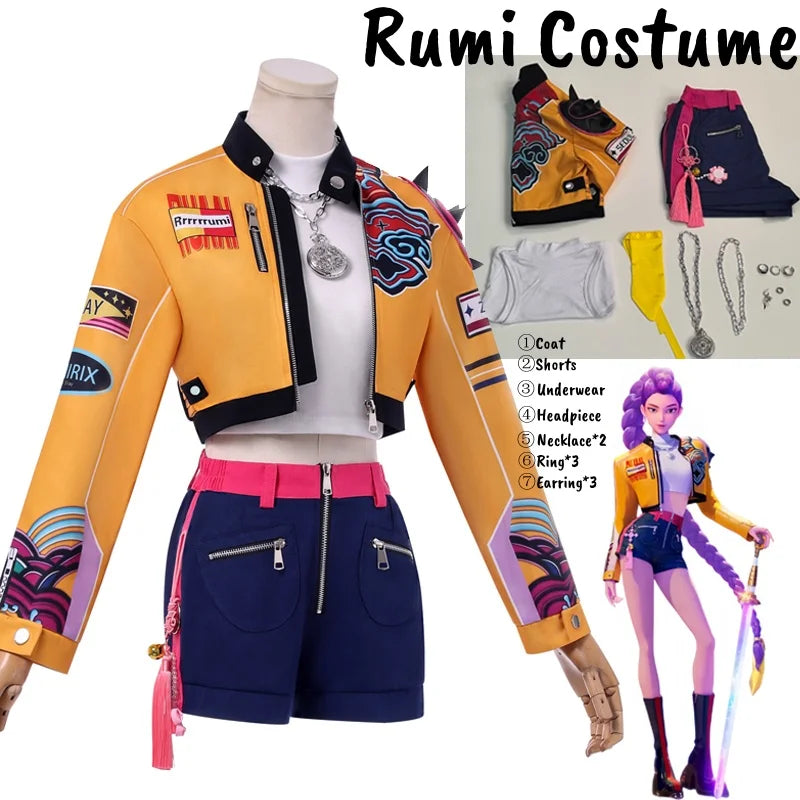 Rumi Cosplay Costume Anime Movie KPop Demon Hunters Yellow Jacket Huntrix Uniform Earrings Shorts Halloween Women Girls