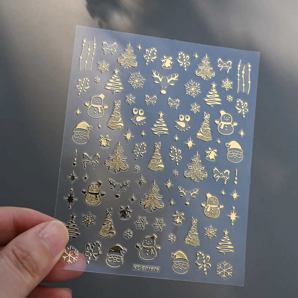 1Pcs 3D Gold Santa Claus Christmas Tree Nail Sticker Bronzing Shiny Snowflake Elk Bowknot Star Elegant Winter Xmas Nail Decals&%