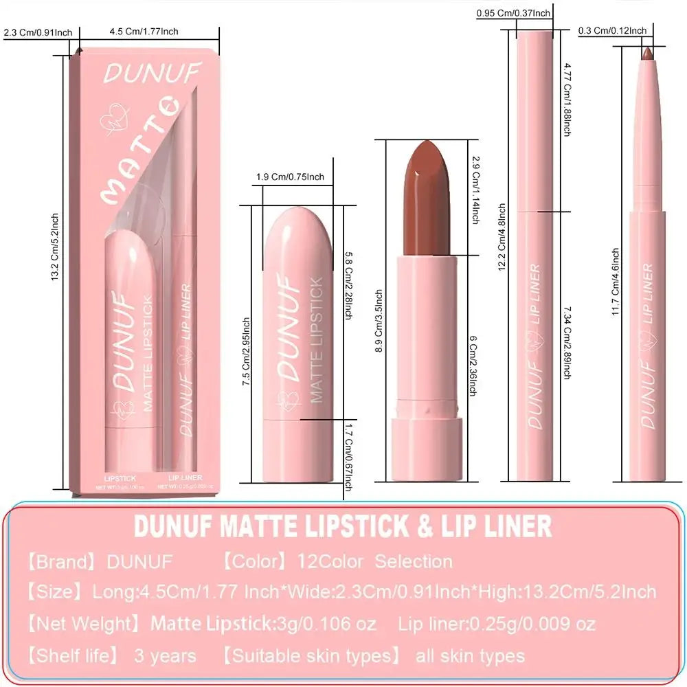 Red Brown Matte Lipstick Lip Liner Set Waterproof Long Lasting Hydrating Non Sticky Contour Lip Makeup